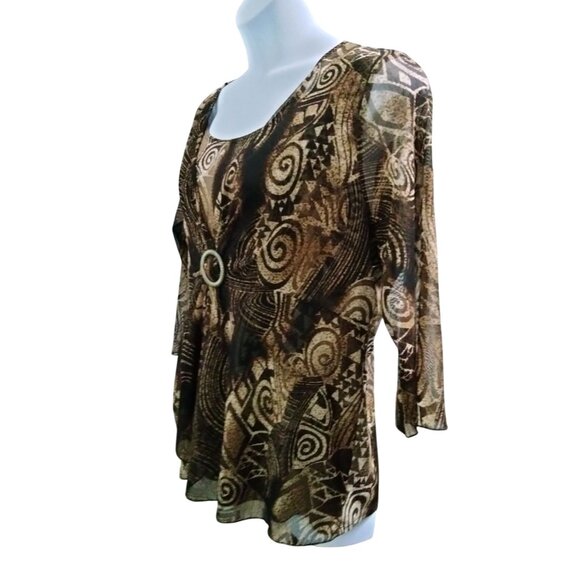 Nicola Woman Top Size 1X Brown Black Abstract Pattern Buckle Detail 3/4 Sleeves - Picture 7 of 10